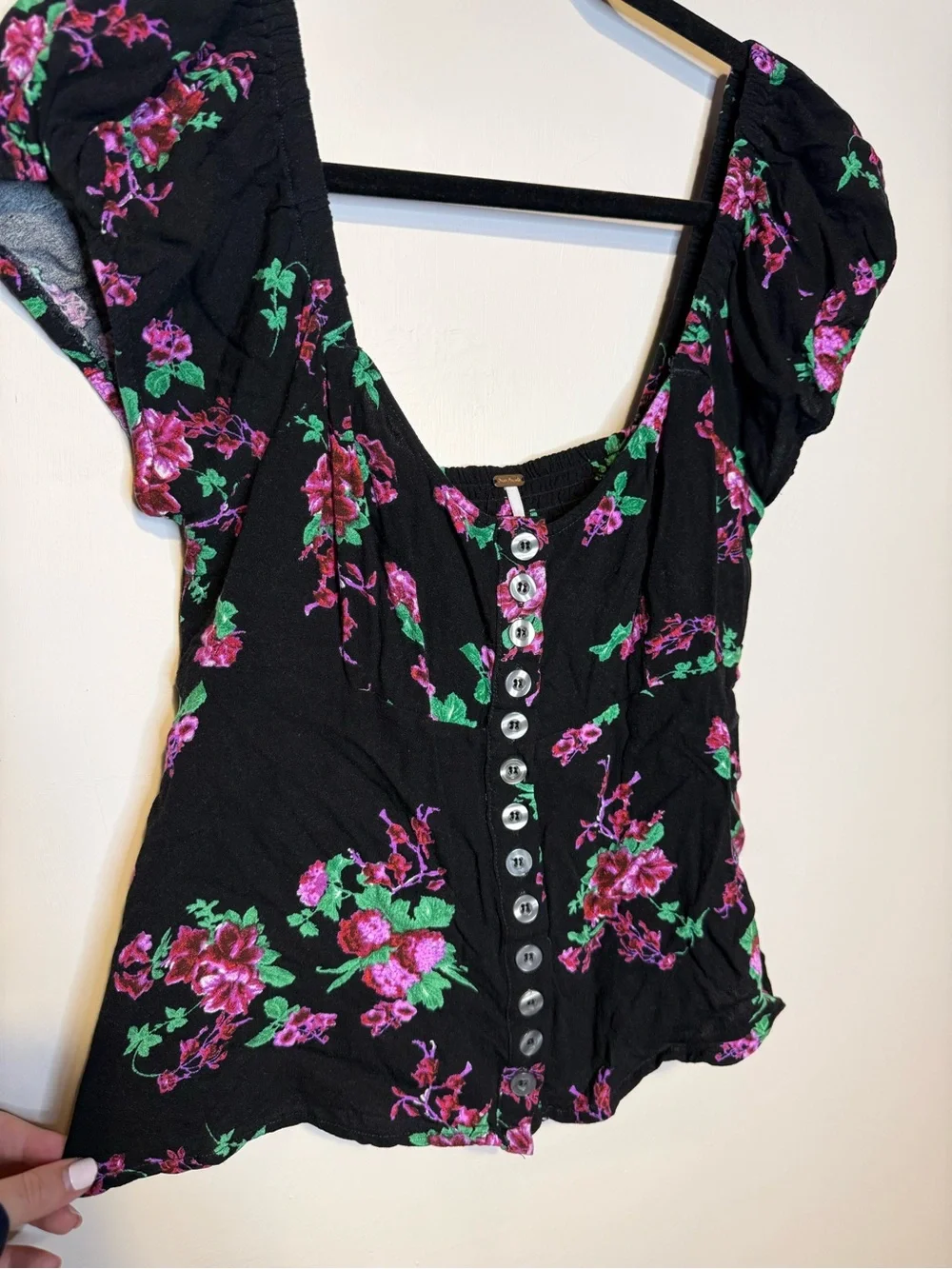 FREE PEOPLE Close to You Romantic Floral Print Blouse Buttons Puff Sleeve Sz S